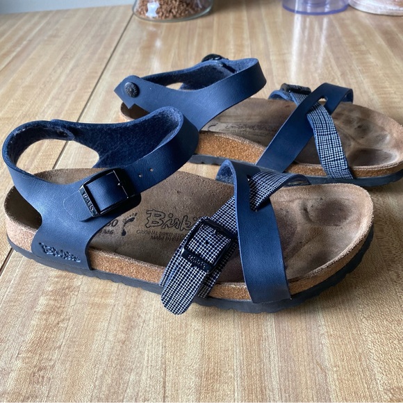 Birkenstock Shoes - BIRKENSTOCK Birki's Nepal Sandals Navy Blue Plaid Birko-Flor Criss Cross Straps